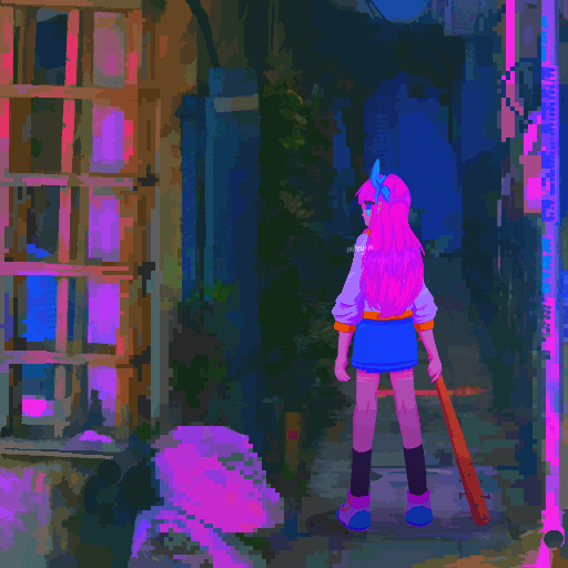 aubrey from omori holding her bat looking down an abandoned alley, bright saturated colour palette
