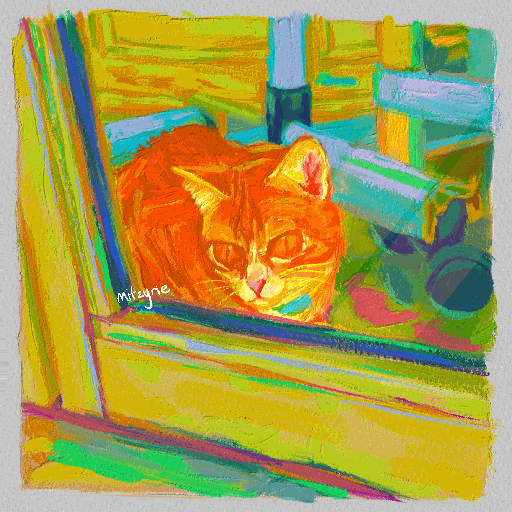 painting of a cat looking out a barber shop, bright saturated colour palette