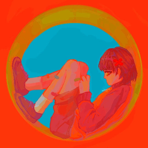 chie from lcddem sitting in a playzone tube, bright saturated colour palette