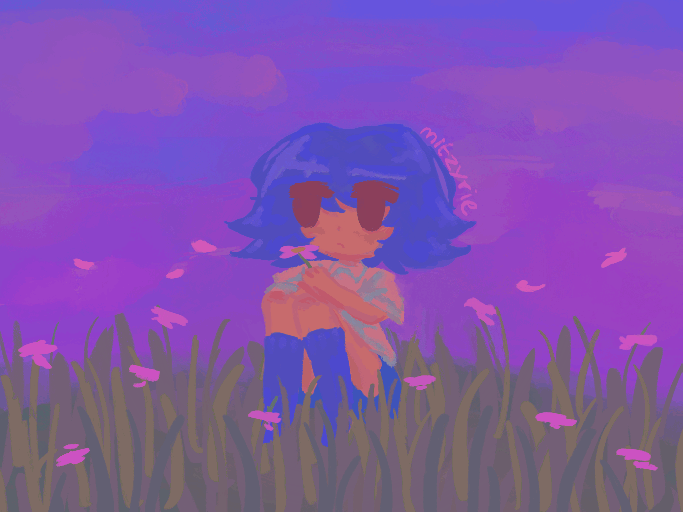 mitzy sitting in a pink flower field during a purple sunset sky, she is holding a pink flower, bright saturated colour palette