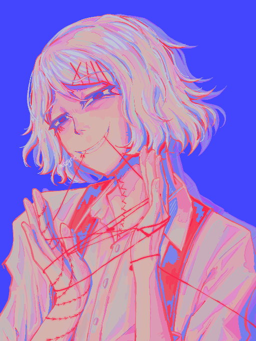 juuzou suzuya from tokyo ghoul doing the cat's cradle, bright saturated colour palette