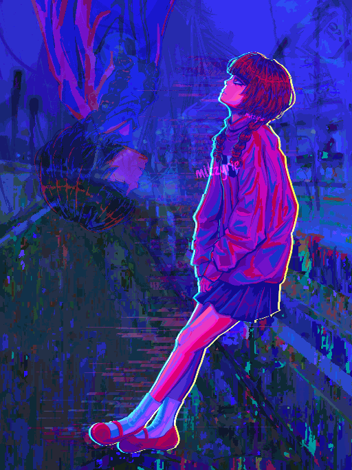 madotsuki from yume nikki looking up at the sky solemnly, standing on a highway, bright glitchy saturated colour palette