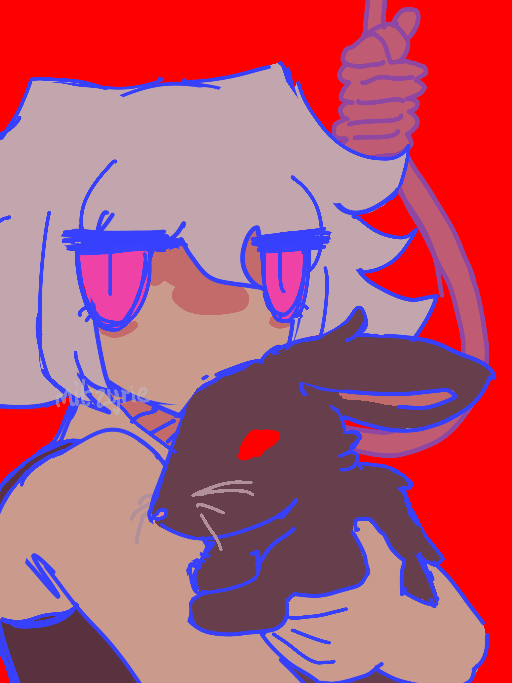 muma from muma rope looking apathetic, holding a black bunny, in the background is a noose, bright saturated colou palette