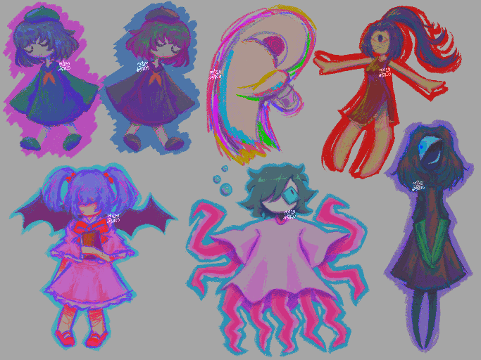 yume 2kki npcs drawn in a bright saturated colour palette, from left to right, top to bottom: the beret sisters, masutaa, odorika, oni musume, tako otoko, midori tokuro