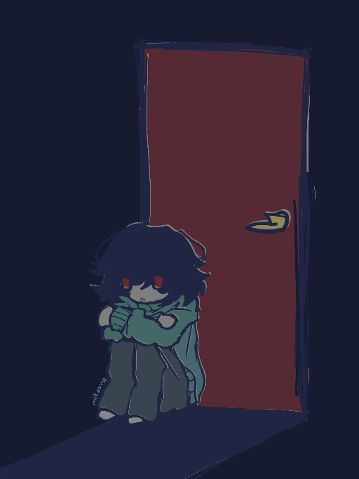 mitzy hiding behind a door in a dark room, hugging her knees