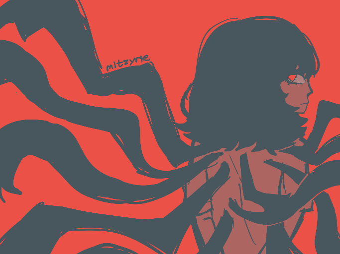 a girl with black tentacles or arms coming out of her back, teal pink and red palette