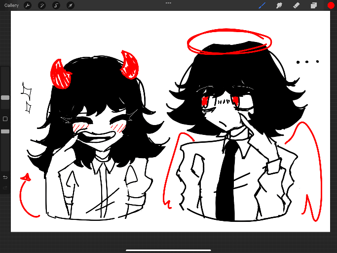 id and superego poking their facces, red black and white palette