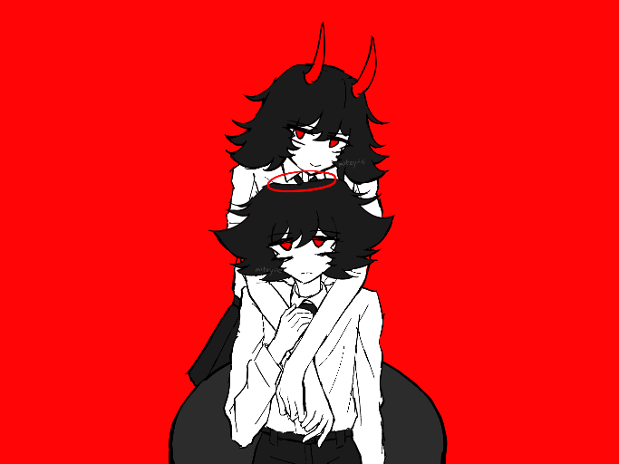 id holding superego from behind, inspired by a frame from yuno kashiki's teardrop mv, red black and white palette