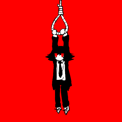 mitzy dangling from a noose, red black and white palette