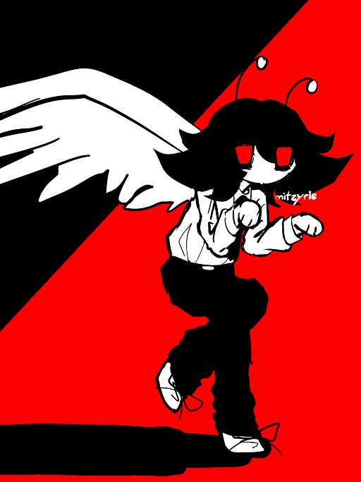 mitzy sneaking out a shadow with angel wings and alien antenna, red black and white palette