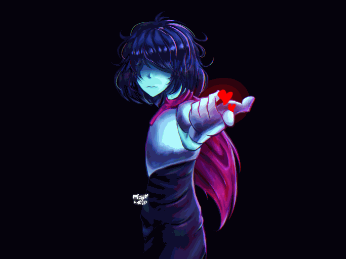 kris from deltarune pointing a finger with a heart, rendered style