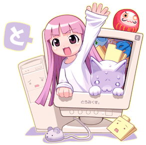 pink haired girl popping out of a computer