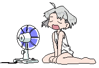girl relaxing by a fan, her hair being blown by the wind