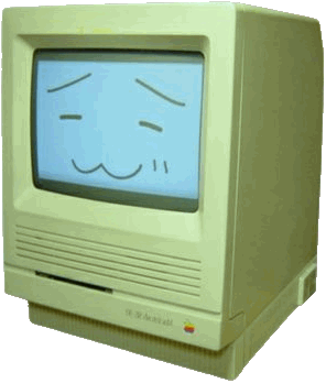 a macintosh computer with a cute -w- face on its screen